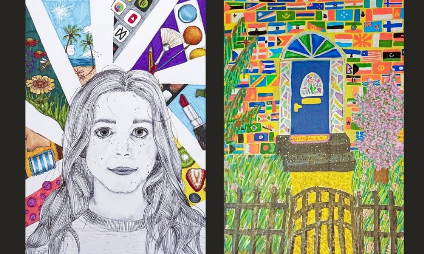 Image shows two colourful competition artworks: a detailed portrait surrounded by personal interests and a brightly painted house decorated with flags